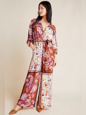 Anthropologie Laia Earthy Boho Wide Leg Jumpsuit Warm Spring Floral XS NWT